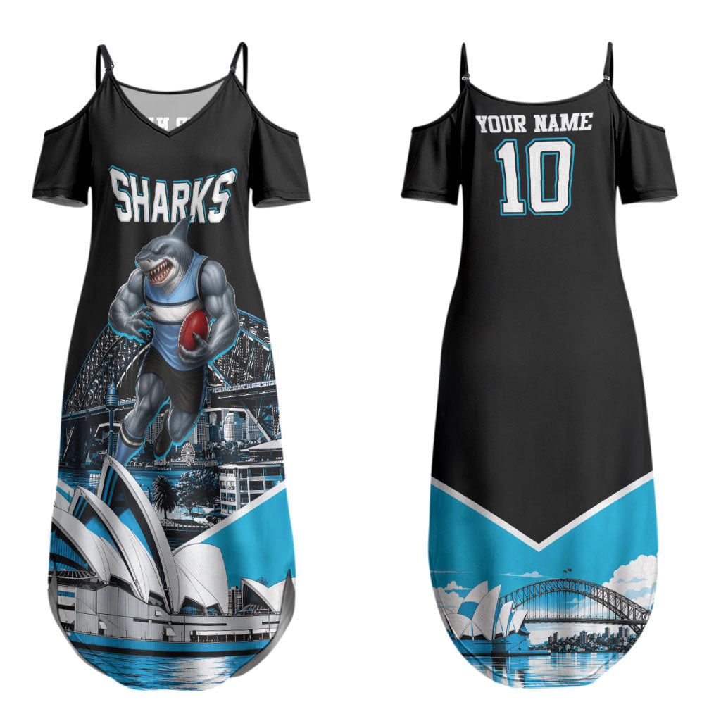 Personalised Sydney Sharks Rugby Couples Matching Summer Maxi Dress and Hawaiian Shirt Muscular Mascot Harbour Bridge Skyline Graphic