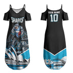 Personalised Sydney Sharks Rugby Couples Matching Summer Maxi Dress and Hawaiian Shirt Muscular Mascot Harbour Bridge Skyline Graphic
