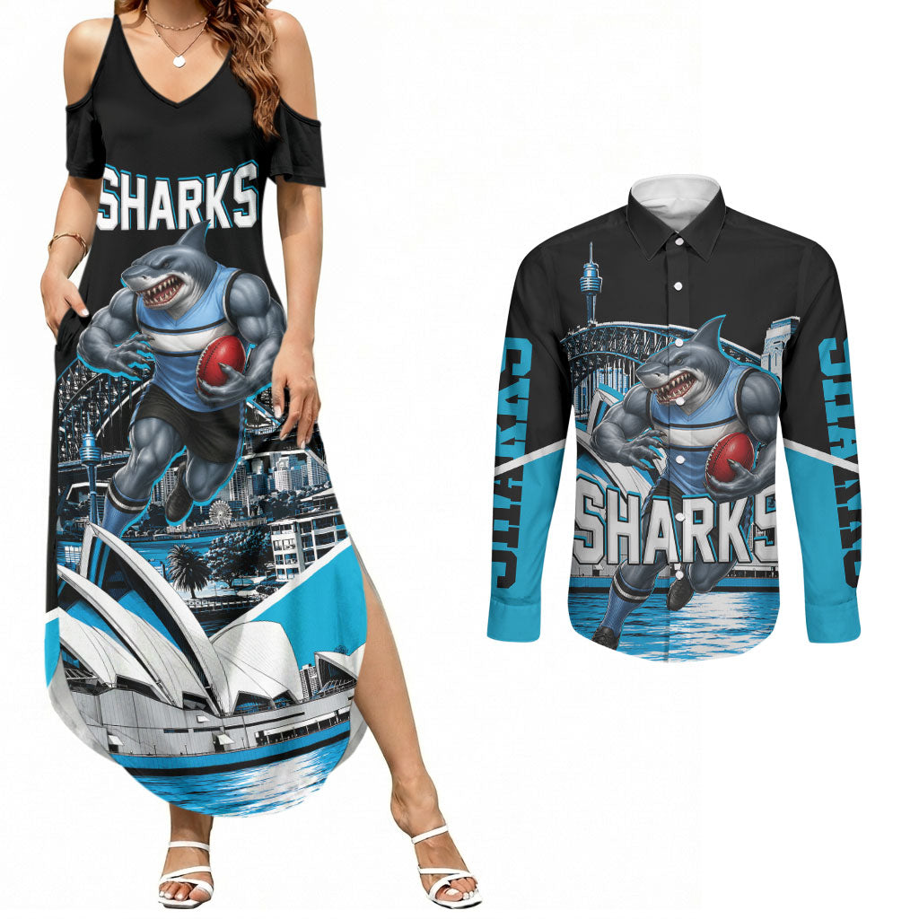 Personalised Sydney Sharks Rugby Couples Matching Summer Maxi Dress and Long Sleeve Button Shirt Muscular Mascot Harbour Bridge Skyline Graphic