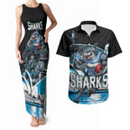 Personalised Sydney Sharks Rugby Couples Matching Tank Maxi Dress and Hawaiian Shirt Muscular Mascot Harbour Bridge Skyline Graphic