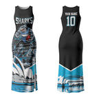 Personalised Sydney Sharks Rugby Couples Matching Tank Maxi Dress and Hawaiian Shirt Muscular Mascot Harbour Bridge Skyline Graphic