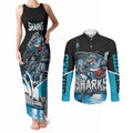 Personalised Sydney Sharks Rugby Couples Matching Tank Maxi Dress and Long Sleeve Button Shirt Muscular Mascot Harbour Bridge Skyline Graphic