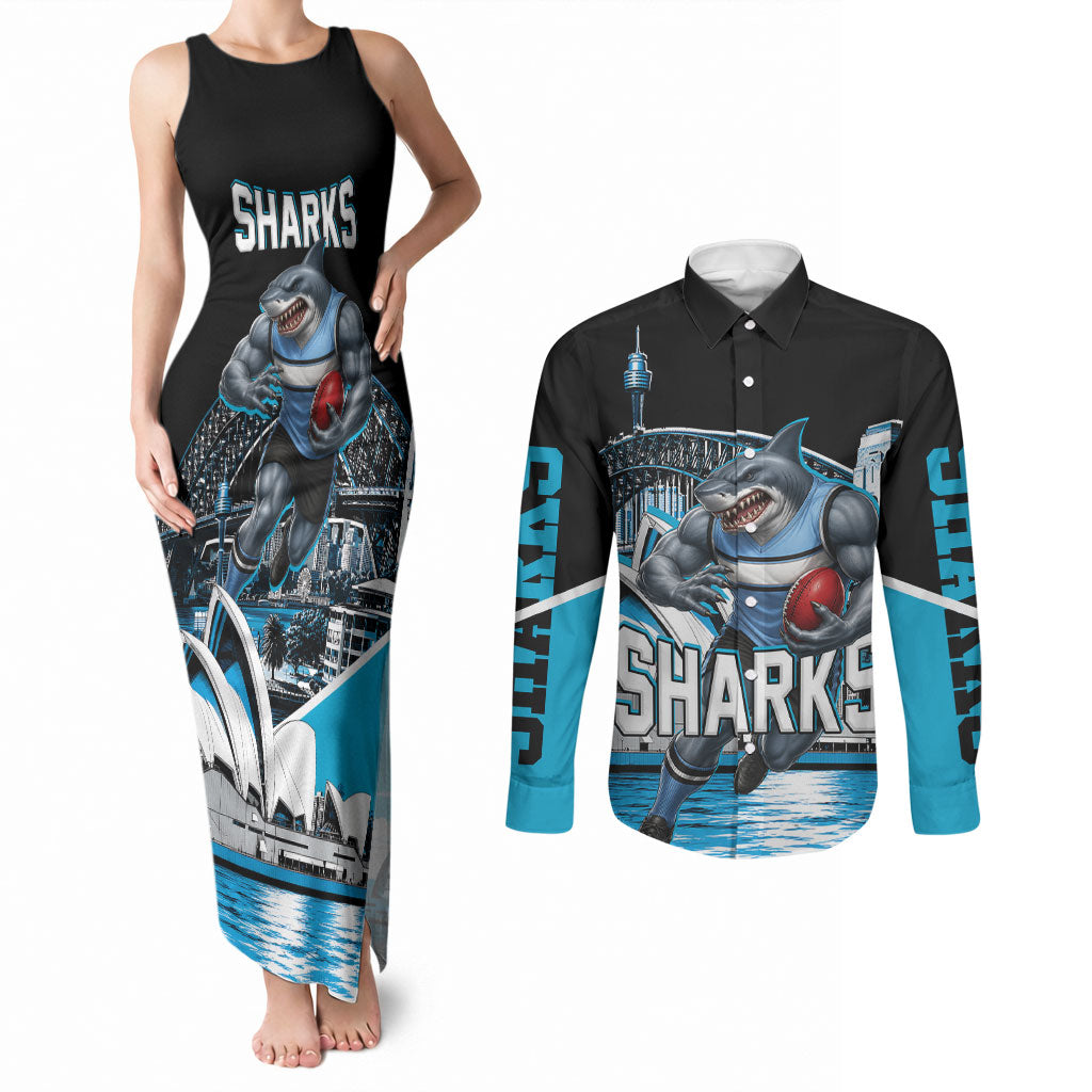Personalised Sydney Sharks Rugby Couples Matching Tank Maxi Dress and Long Sleeve Button Shirt Muscular Mascot Harbour Bridge Skyline Graphic