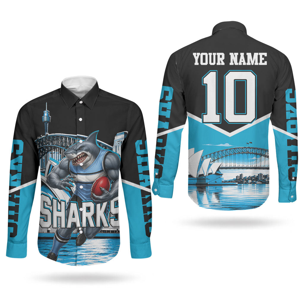Personalised Sydney Sharks Rugby Couples Matching Tank Maxi Dress and Long Sleeve Button Shirt Muscular Mascot Harbour Bridge Skyline Graphic