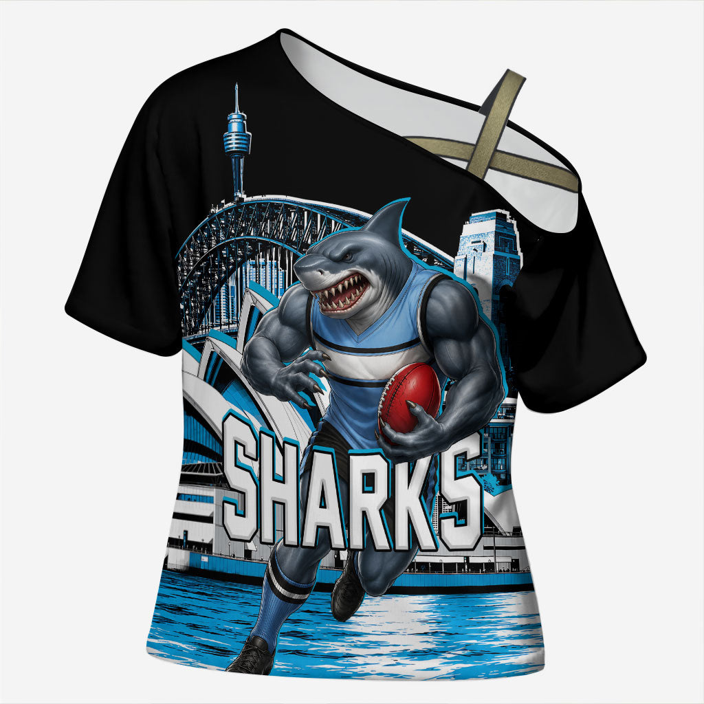 Personalised Sydney Sharks Rugby Cross Shoulder Shirt Muscular Mascot Harbour Bridge Skyline Graphic