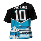 Personalised Sydney Sharks Rugby Cross Shoulder Shirt Muscular Mascot Harbour Bridge Skyline Graphic