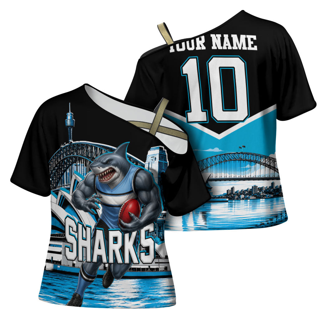 Personalised Sydney Sharks Rugby Cross Shoulder Shirt Muscular Mascot Harbour Bridge Skyline Graphic