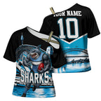 Personalised Sydney Sharks Rugby Cross Shoulder Shirt Muscular Mascot Harbour Bridge Skyline Graphic