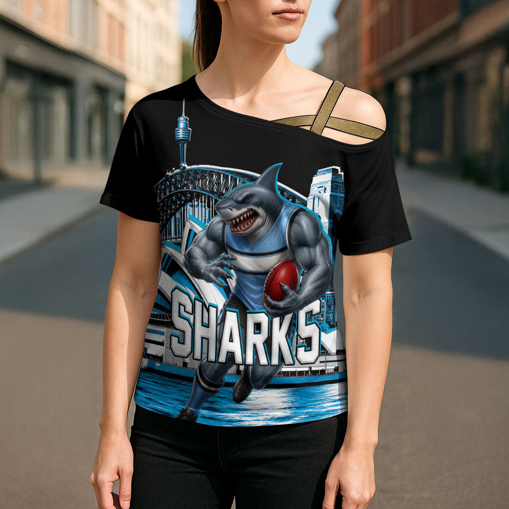Personalised Sydney Sharks Rugby Cross Shoulder Shirt Muscular Mascot Harbour Bridge Skyline Graphic