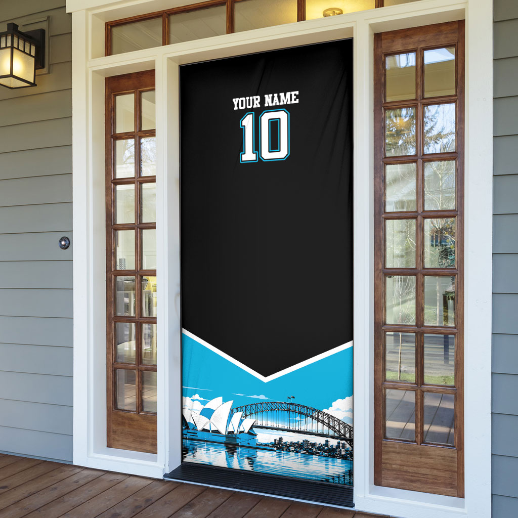 Personalised Sydney Sharks Rugby Door Cover Muscular Mascot Harbour Bridge Skyline Graphic
