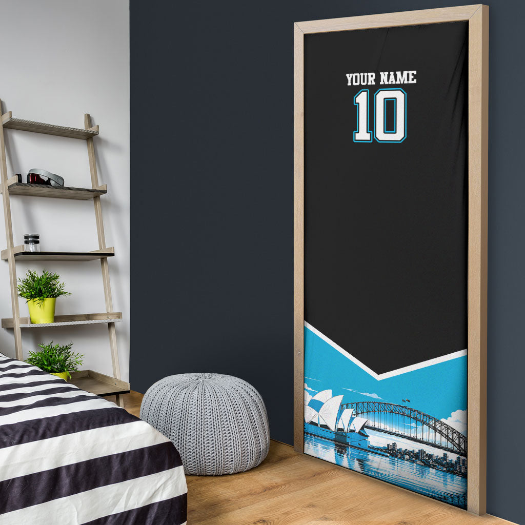 Personalised Sydney Sharks Rugby Door Cover Muscular Mascot Harbour Bridge Skyline Graphic