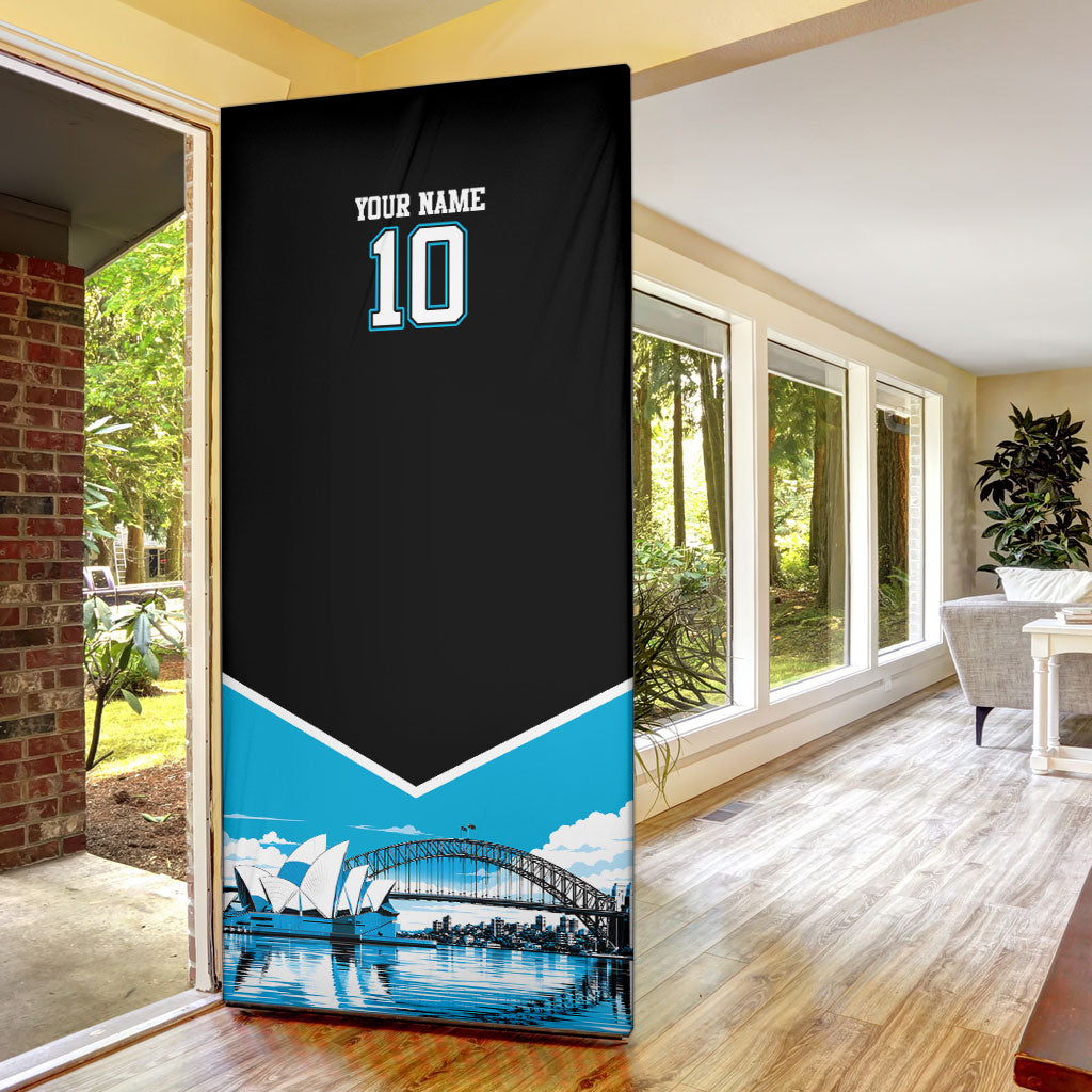 Personalised Sydney Sharks Rugby Door Cover Muscular Mascot Harbour Bridge Skyline Graphic