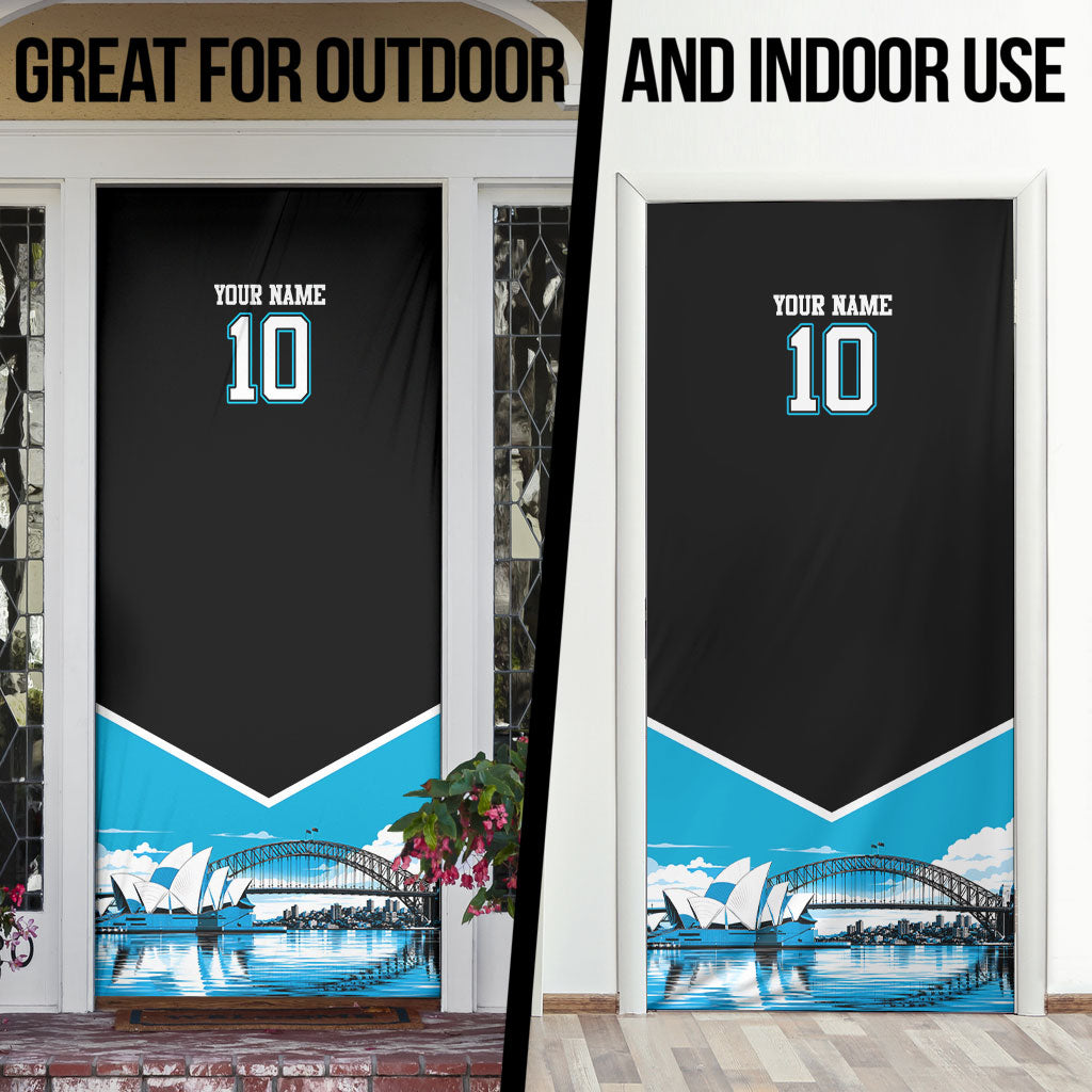 Personalised Sydney Sharks Rugby Door Cover Muscular Mascot Harbour Bridge Skyline Graphic