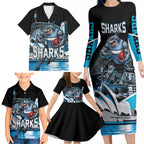 Personalised Sydney Sharks Rugby Family Matching Long Sleeve Bodycon Dress and Hawaiian Shirt Muscular Mascot Harbour Bridge Skyline Graphic
