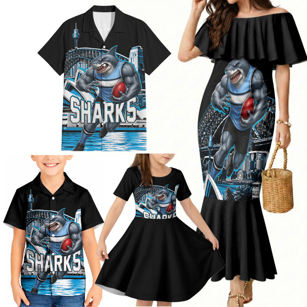Personalised Sydney Sharks Rugby Family Matching Mermaid Dress and Hawaiian Shirt Muscular Mascot Harbour Bridge Skyline Graphic