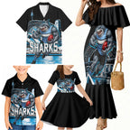 Personalised Sydney Sharks Rugby Family Matching Mermaid Dress and Hawaiian Shirt Muscular Mascot Harbour Bridge Skyline Graphic