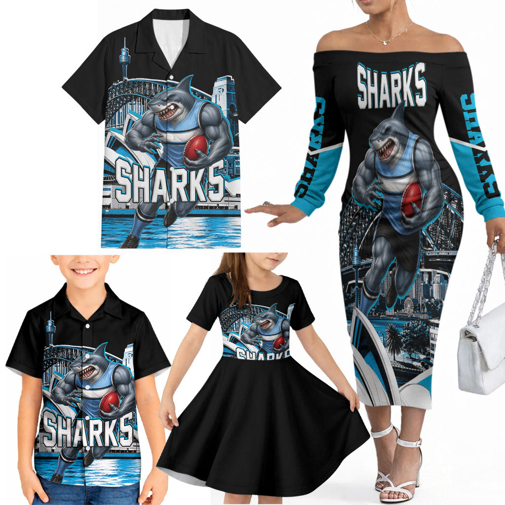 Personalised Sydney Sharks Rugby Family Matching Off The Shoulder Long Sleeve Dress and Hawaiian Shirt Muscular Mascot Harbour Bridge Skyline Graphic