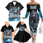 Personalised Sydney Sharks Rugby Family Matching Off The Shoulder Long Sleeve Dress and Hawaiian Shirt Muscular Mascot Harbour Bridge Skyline Graphic