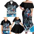 Personalised Sydney Sharks Rugby Family Matching Off Shoulder Maxi Dress and Hawaiian Shirt Muscular Mascot Harbour Bridge Skyline Graphic