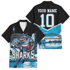 Personalised Sydney Sharks Rugby Family Matching Off Shoulder Maxi Dress and Hawaiian Shirt Muscular Mascot Harbour Bridge Skyline Graphic