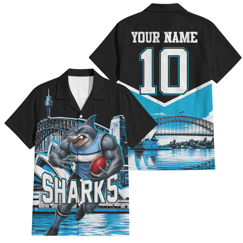 Personalised Sydney Sharks Rugby Family Matching Off Shoulder Maxi Dress and Hawaiian Shirt Muscular Mascot Harbour Bridge Skyline Graphic