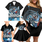 Personalised Sydney Sharks Rugby Family Matching Off Shoulder Short Dress and Hawaiian Shirt Muscular Mascot Harbour Bridge Skyline Graphic