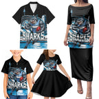 Personalised Sydney Sharks Rugby Family Matching Puletasi and Hawaiian Shirt Muscular Mascot Harbour Bridge Skyline Graphic