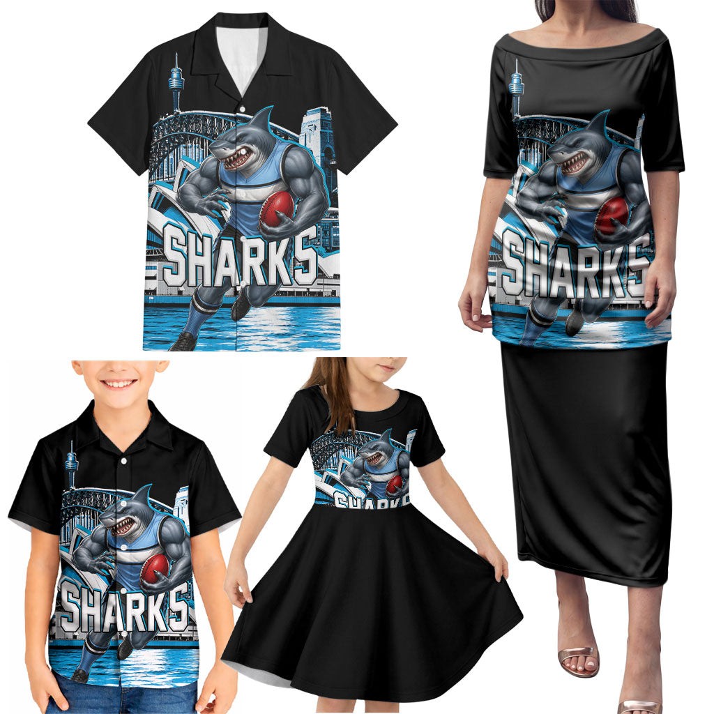 Personalised Sydney Sharks Rugby Family Matching Puletasi and Hawaiian Shirt Muscular Mascot Harbour Bridge Skyline Graphic
