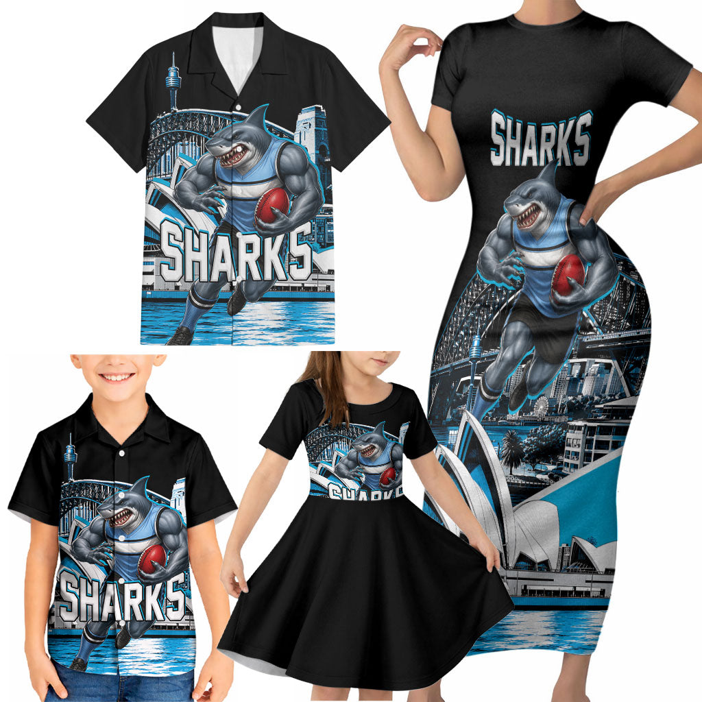 Personalised Sydney Sharks Rugby Family Matching Short Sleeve Bodycon Dress and Hawaiian Shirt Muscular Mascot Harbour Bridge Skyline Graphic