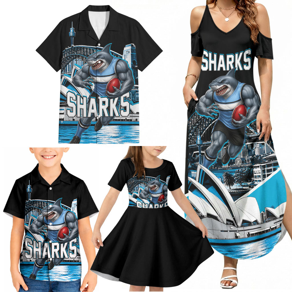 Personalised Sydney Sharks Rugby Family Matching Summer Maxi Dress and Hawaiian Shirt Muscular Mascot Harbour Bridge Skyline Graphic