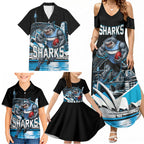 Personalised Sydney Sharks Rugby Family Matching Summer Maxi Dress and Hawaiian Shirt Muscular Mascot Harbour Bridge Skyline Graphic