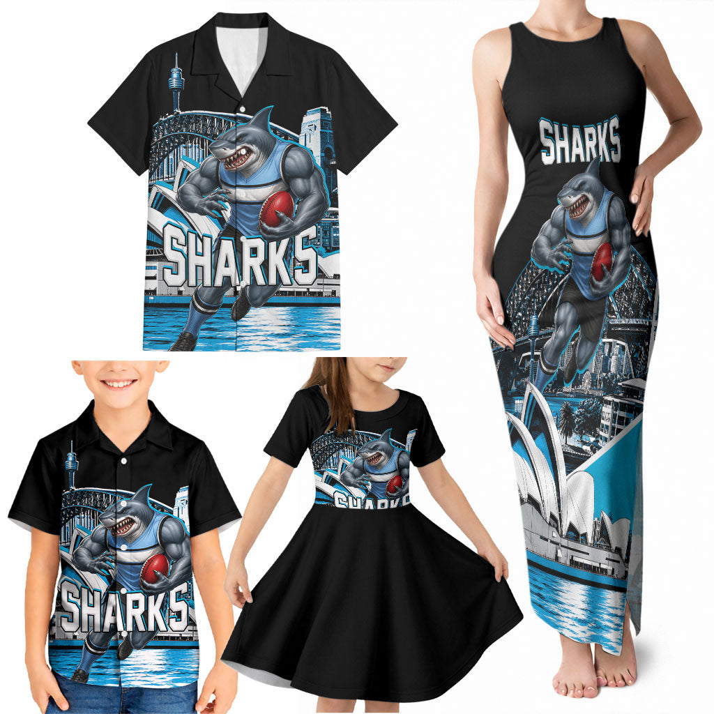 Personalised Sydney Sharks Rugby Family Matching Tank Maxi Dress and Hawaiian Shirt Muscular Mascot Harbour Bridge Skyline Graphic