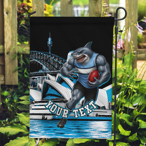 Personalised Sydney Sharks Rugby Garden Flag Muscular Mascot Harbour Bridge Skyline Graphic