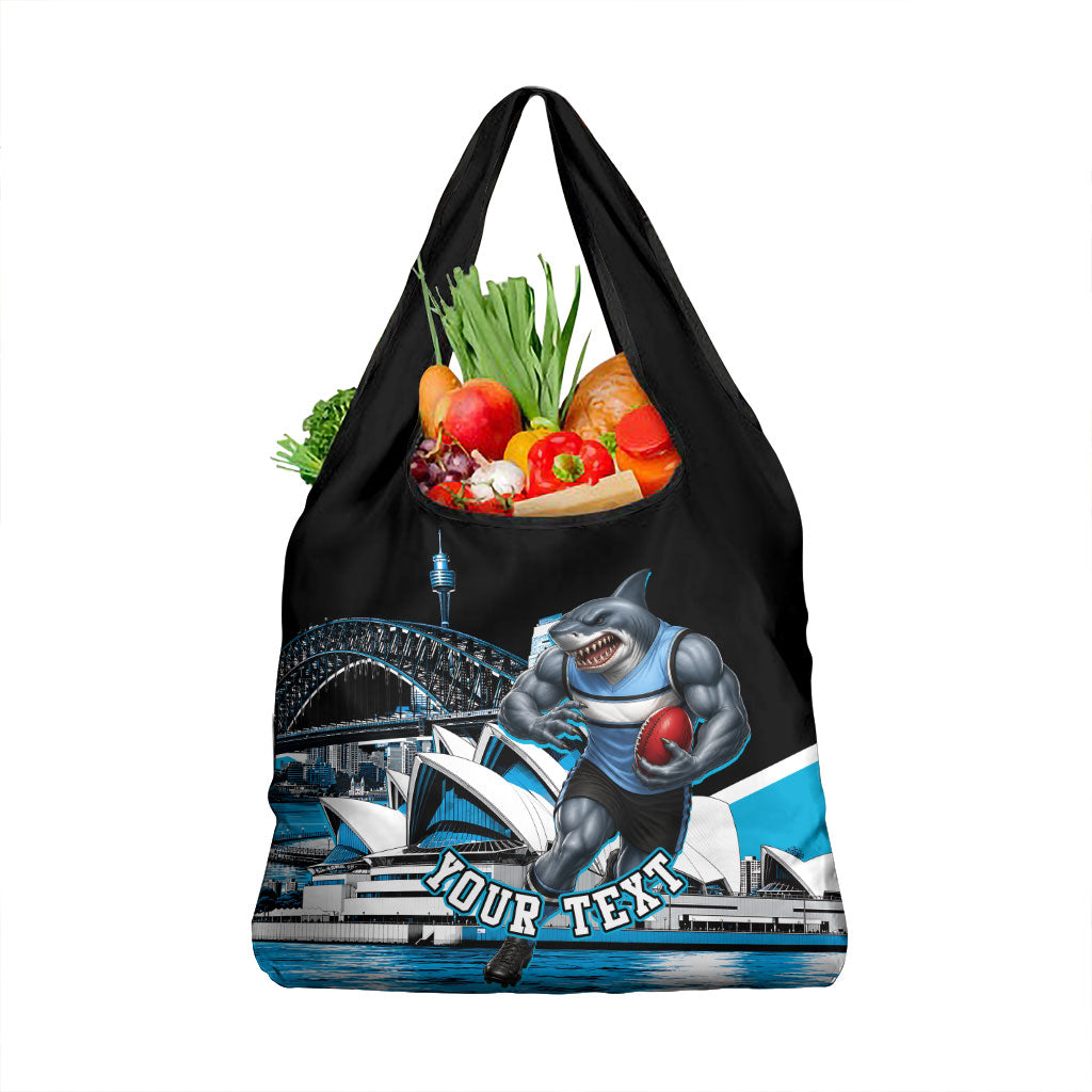 Personalised Sydney Sharks Rugby Grocery Bag Muscular Mascot Harbour Bridge Skyline Graphic