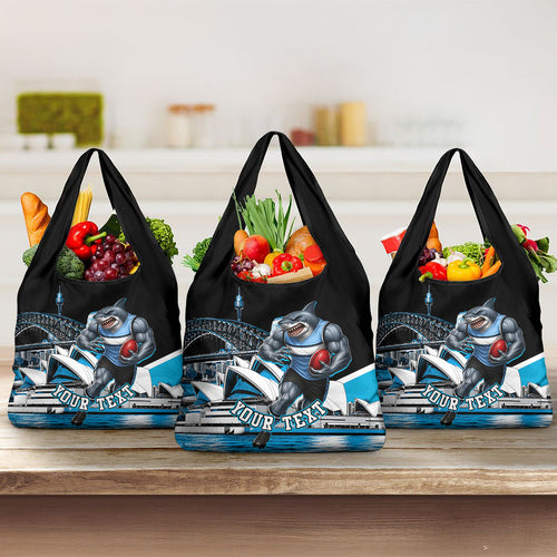 Personalised Sydney Sharks Rugby Grocery Bag Muscular Mascot Harbour Bridge Skyline Graphic