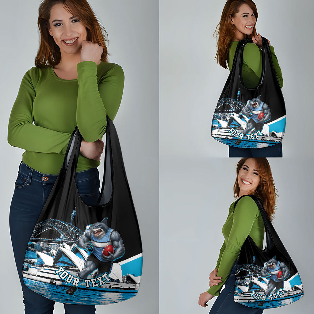 Personalised Sydney Sharks Rugby Grocery Bag Muscular Mascot Harbour Bridge Skyline Graphic