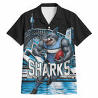 Personalised Sydney Sharks Rugby Hawaiian Shirt Muscular Mascot Harbour Bridge Skyline Graphic