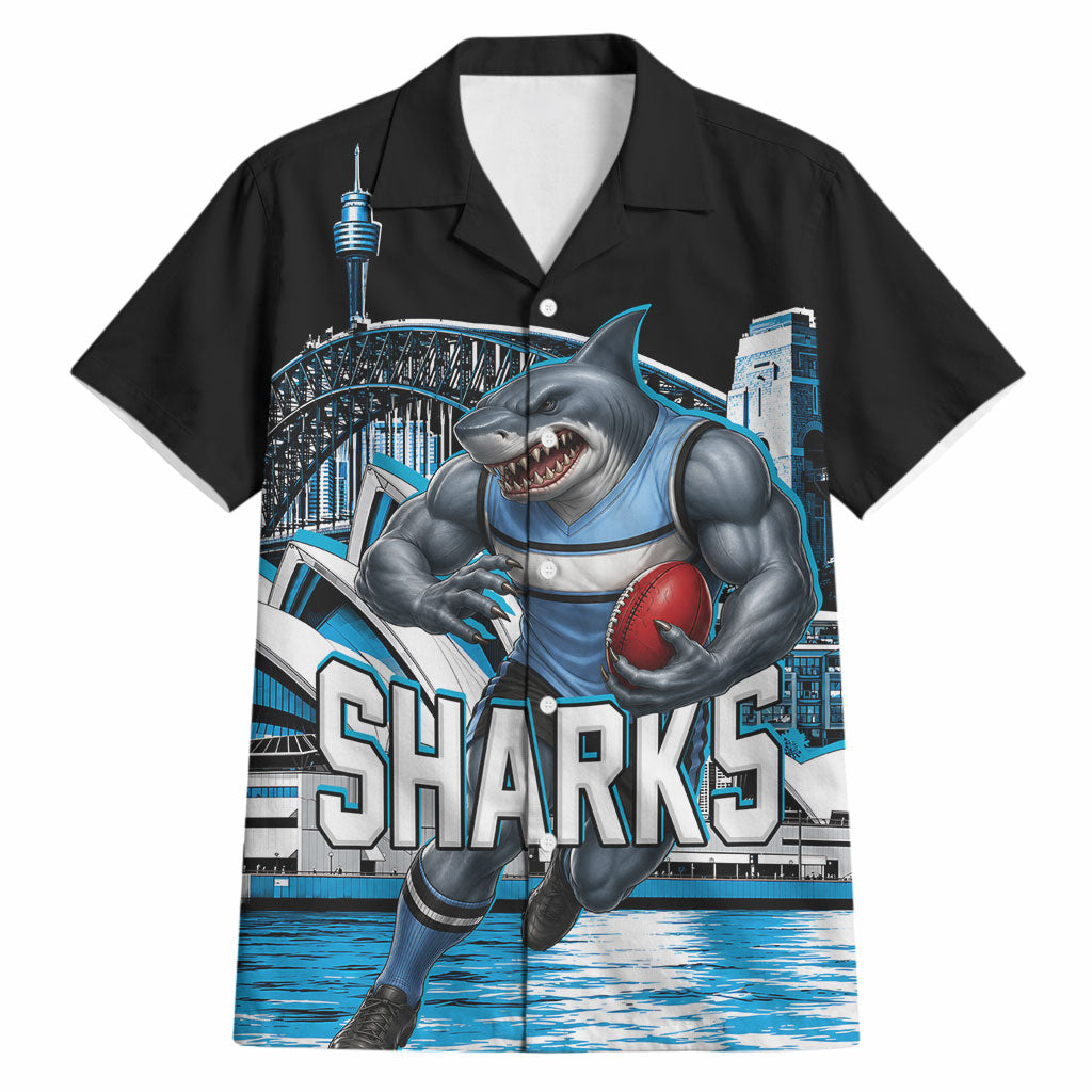 Personalised Sydney Sharks Rugby Hawaiian Shirt Muscular Mascot Harbour Bridge Skyline Graphic