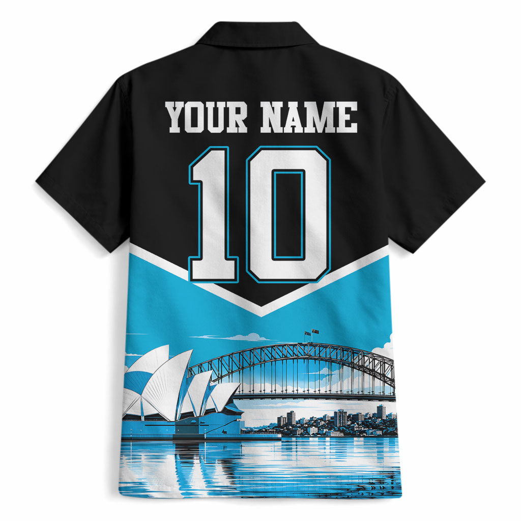Personalised Sydney Sharks Rugby Hawaiian Shirt Muscular Mascot Harbour Bridge Skyline Graphic
