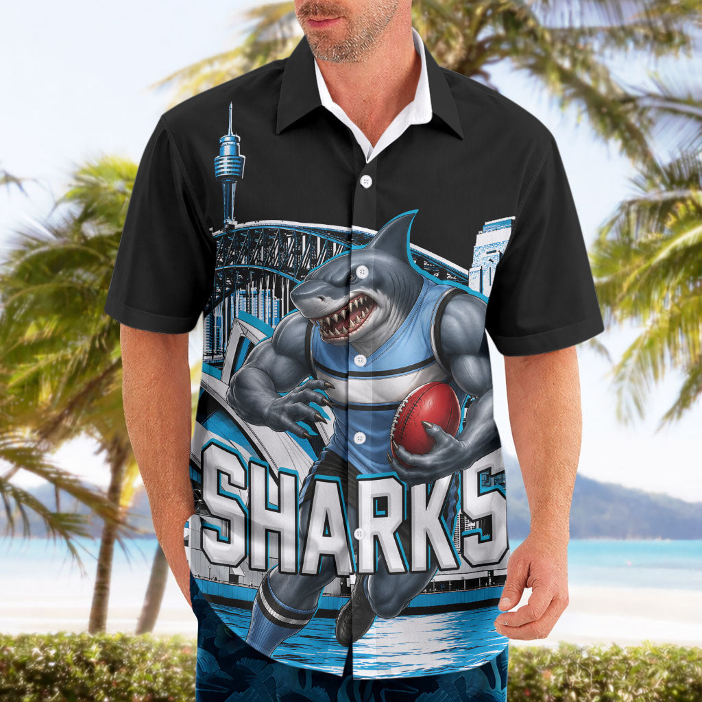 Personalised Sydney Sharks Rugby Hawaiian Shirt Muscular Mascot Harbour Bridge Skyline Graphic