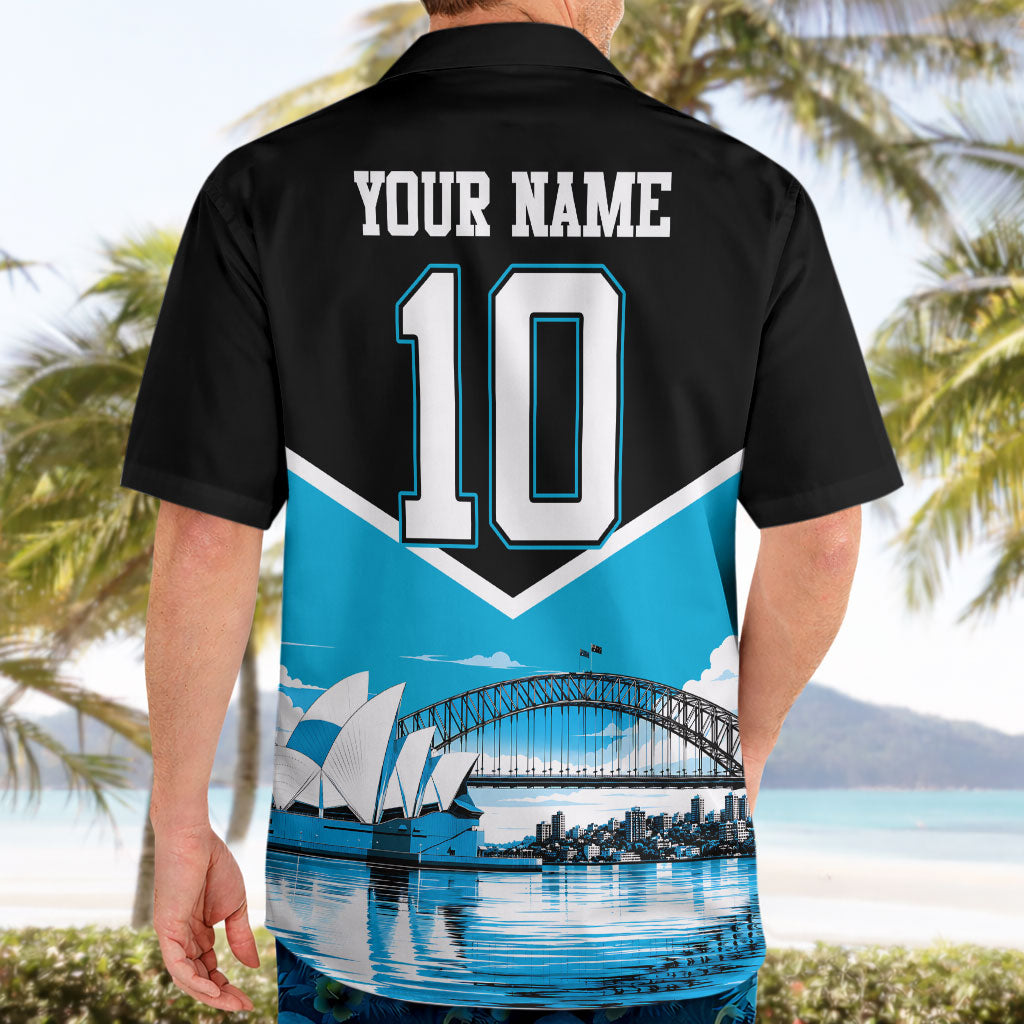 Personalised Sydney Sharks Rugby Hawaiian Shirt Muscular Mascot Harbour Bridge Skyline Graphic