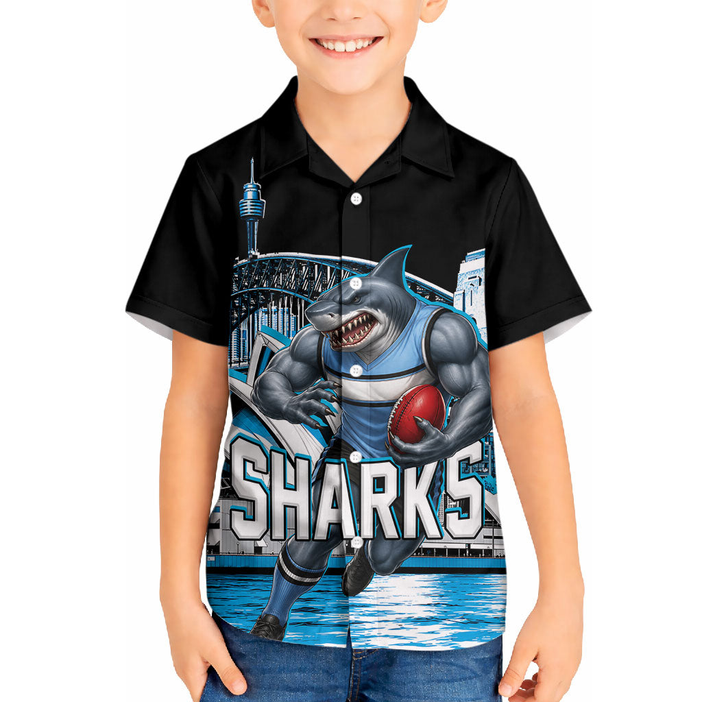 Personalised Sydney Sharks Rugby Hawaiian Shirt Muscular Mascot Harbour Bridge Skyline Graphic