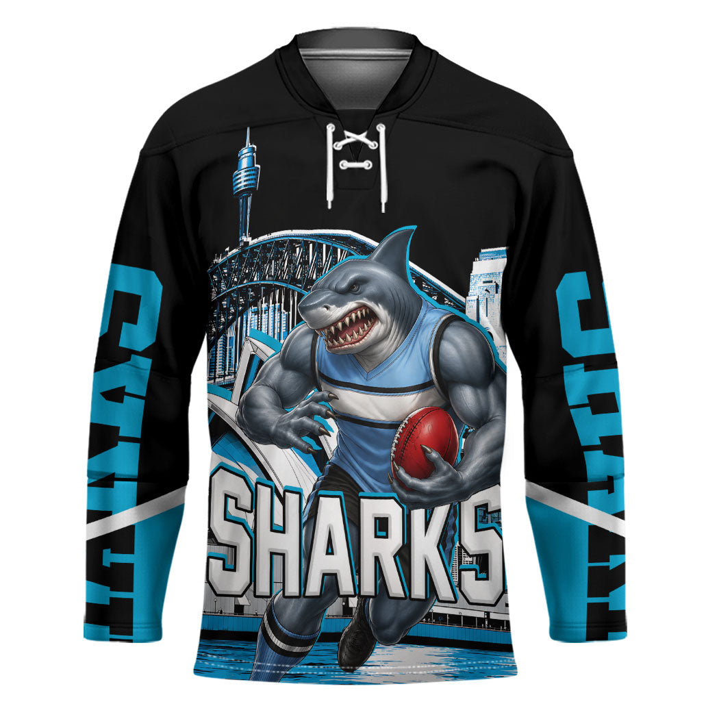 Personalised Sydney Sharks Rugby Hockey Jersey Muscular Mascot Harbour Bridge Skyline Graphic