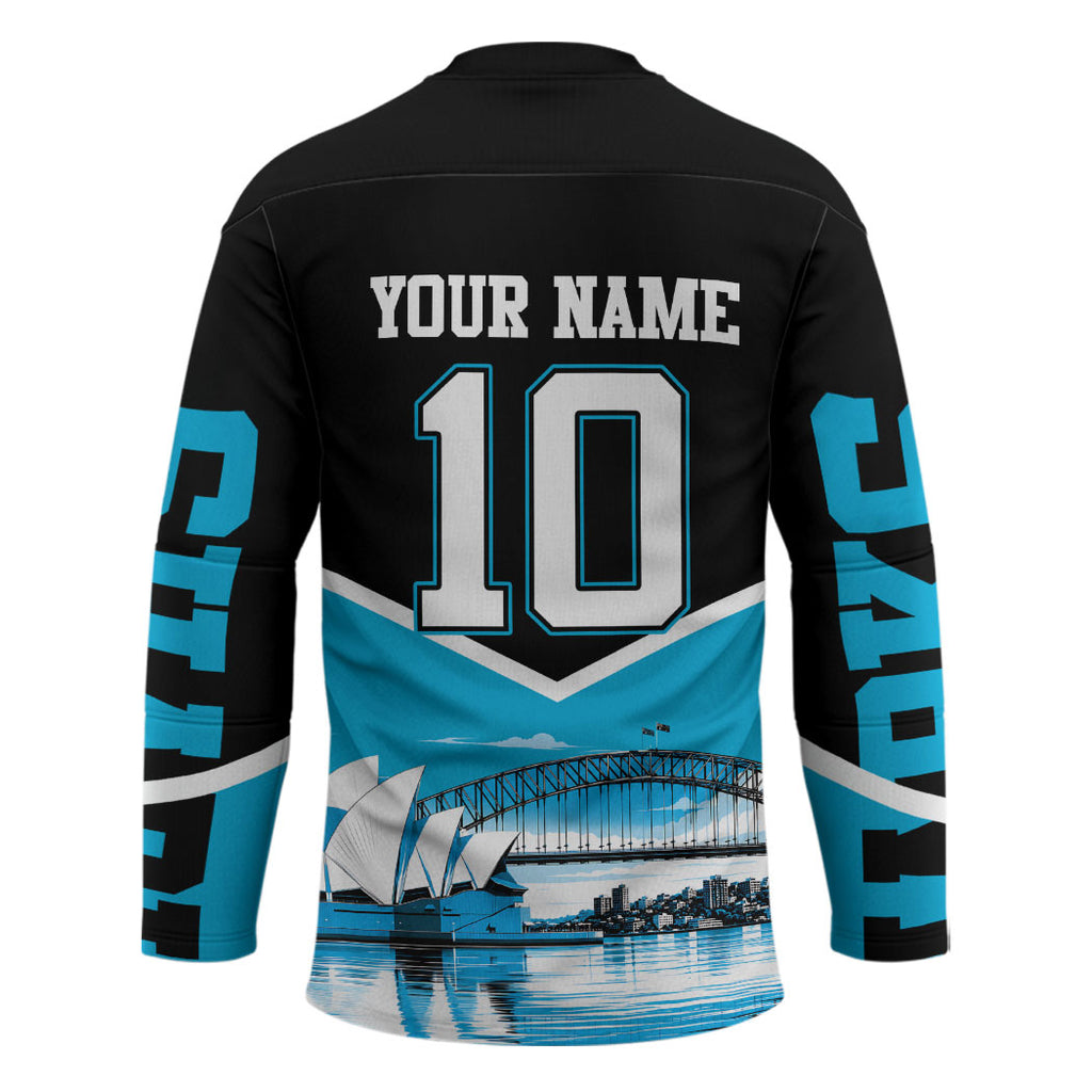 Personalised Sydney Sharks Rugby Hockey Jersey Muscular Mascot Harbour Bridge Skyline Graphic
