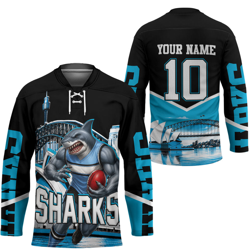 Personalised Sydney Sharks Rugby Hockey Jersey Muscular Mascot Harbour Bridge Skyline Graphic