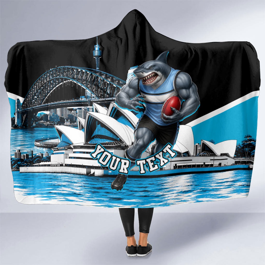 Personalised Sydney Sharks Rugby Hooded Blanket Muscular Mascot Harbour Bridge Skyline Graphic