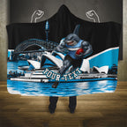 Personalised Sydney Sharks Rugby Hooded Blanket Muscular Mascot Harbour Bridge Skyline Graphic