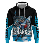 Personalised Sydney Sharks Rugby Hoodie Muscular Mascot Harbour Bridge Skyline Graphic