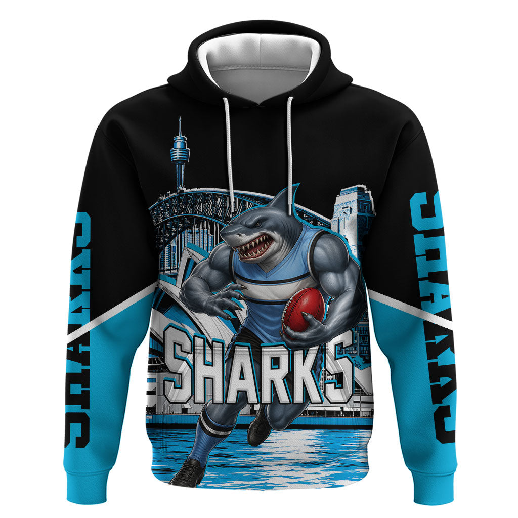 Personalised Sydney Sharks Rugby Hoodie Muscular Mascot Harbour Bridge Skyline Graphic