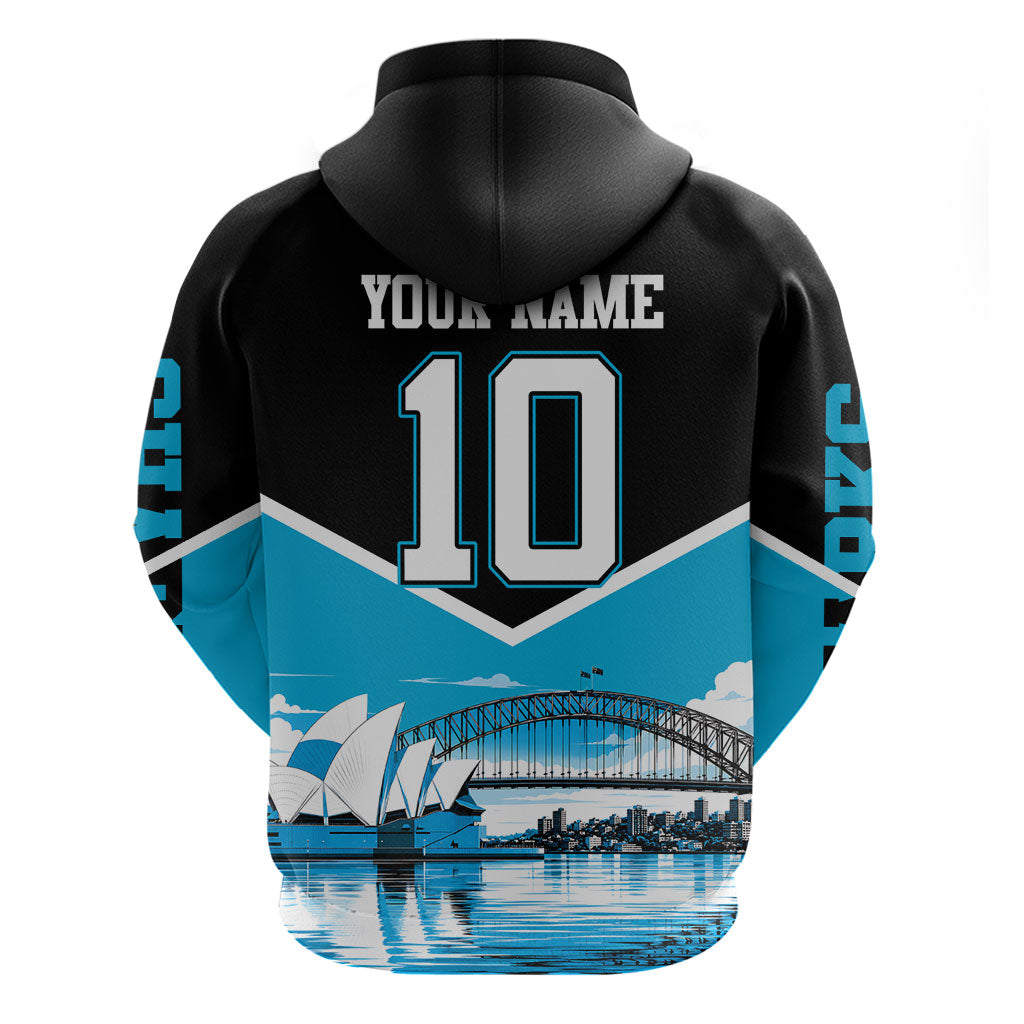 Personalised Sydney Sharks Rugby Hoodie Muscular Mascot Harbour Bridge Skyline Graphic